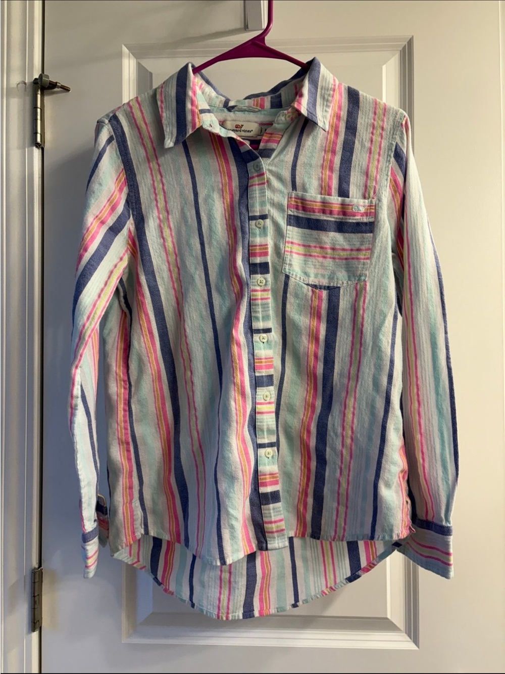 Vineyard Vines Multicolor Striped Button-Down Shirt — Blue, Pink, Yellow